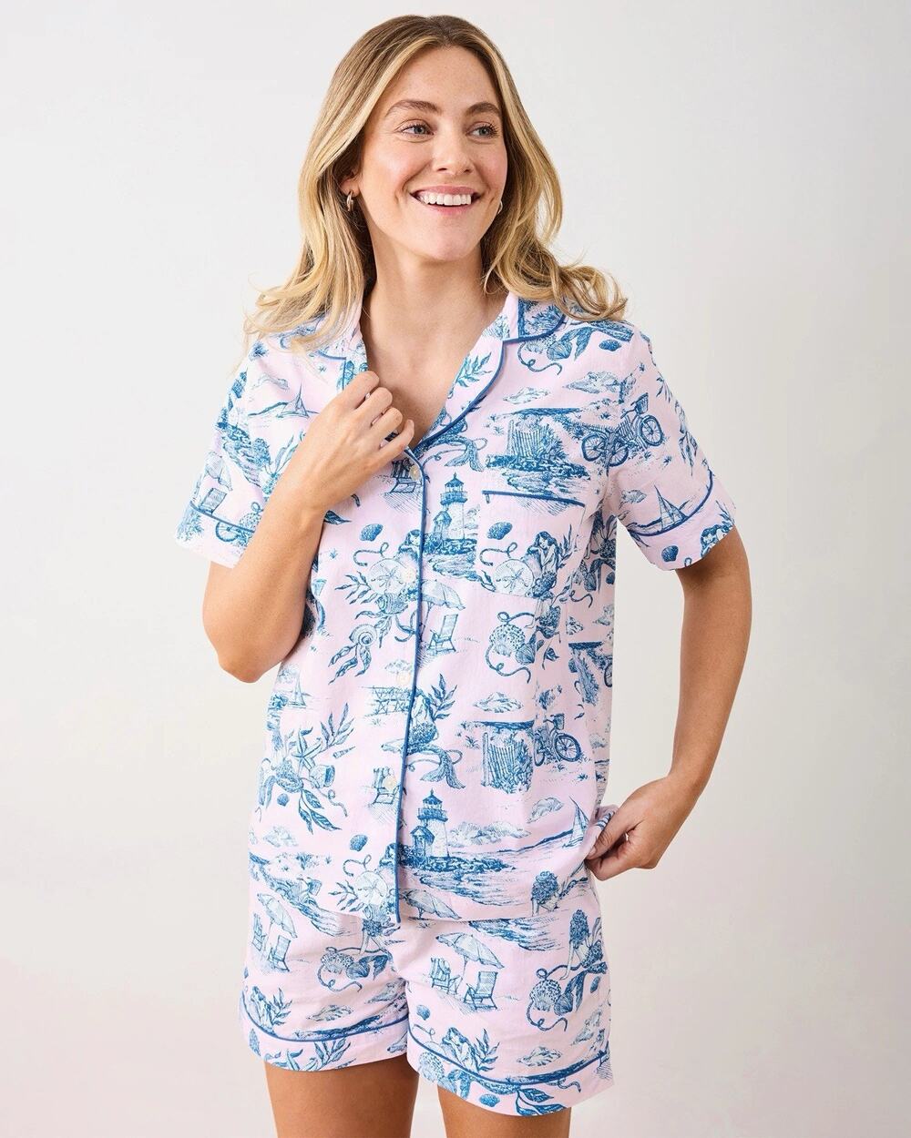Print Fresh Short PJ Set Mermaid Toile Blush Pink and blue Coastal Beach SMALL